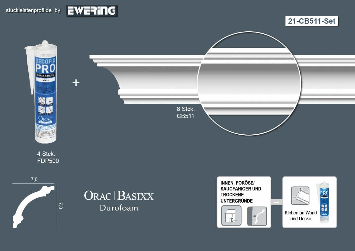 Stuckleisten-Set Orac Decor CB511 - 8 Deckenleisten mit Kleber _L-CB511Set