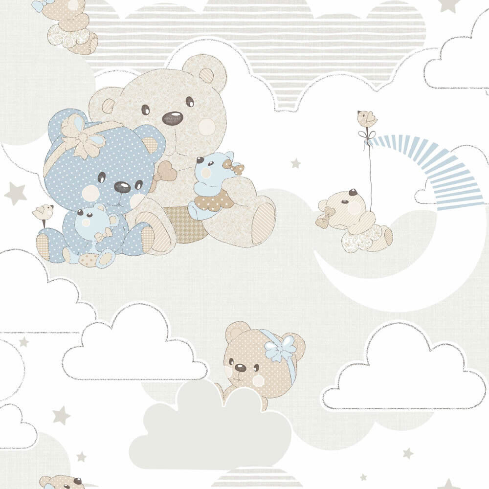 Beige weiß und blaue Tapete Bär, Mond und Wolken Mondobaby Rasch Textil 213037-23-213037.1M