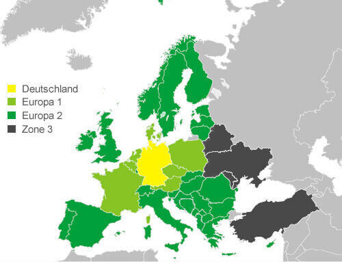 Übersichtskarte der europäischen Versandzonen.