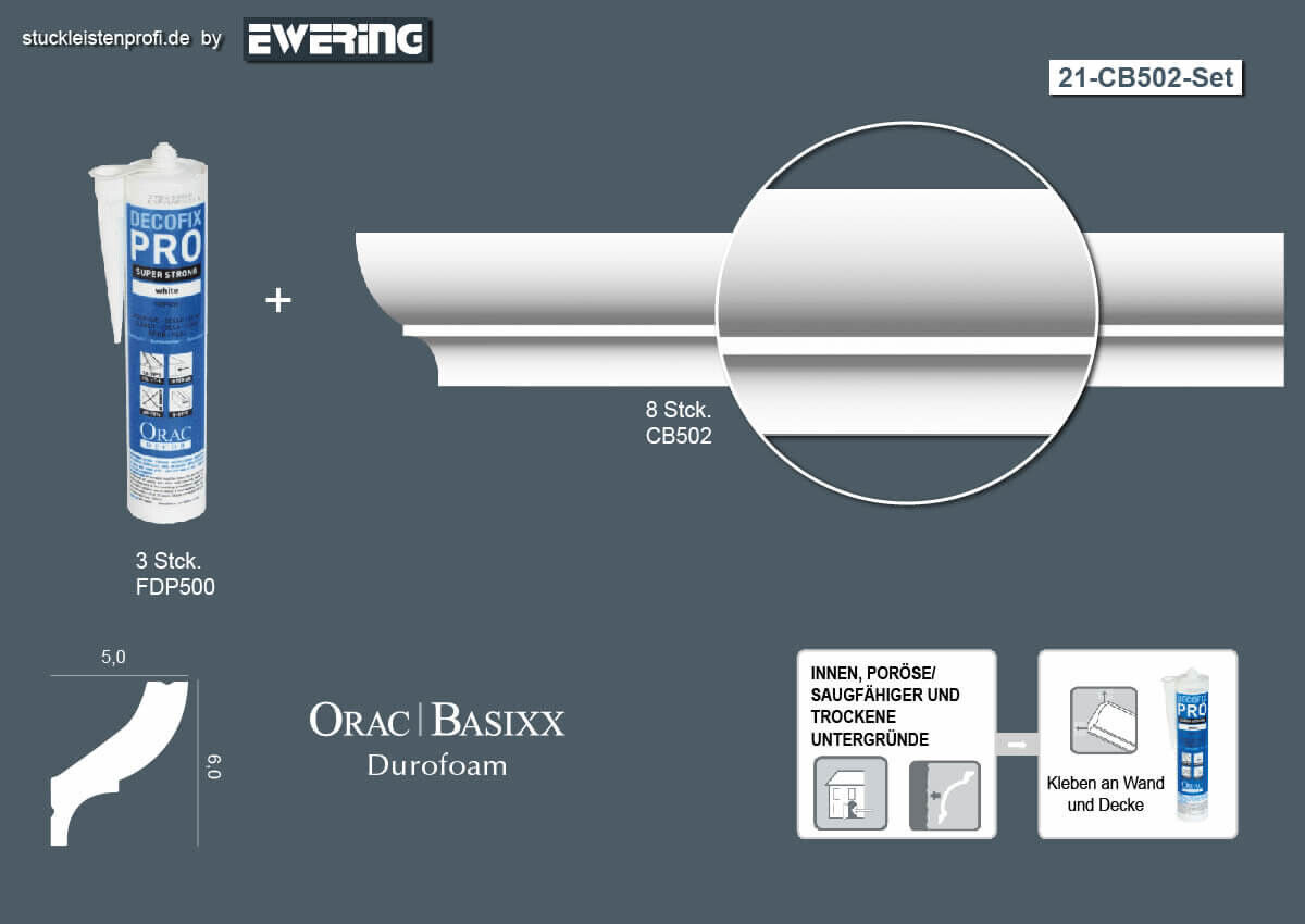 Stuckleisten-Set Orac Decor CB502 - 8 Deckenleisten mit Kleber _L-CB502Set